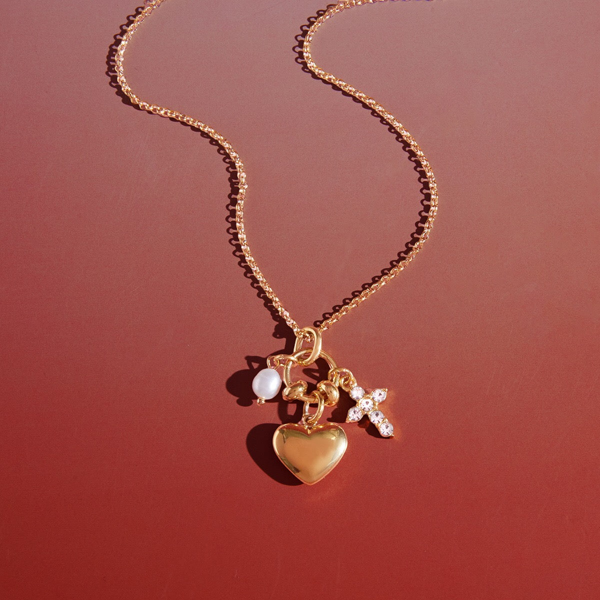 18K Gold Sinfully Yours Heart Cross Pearl Charm Necklace