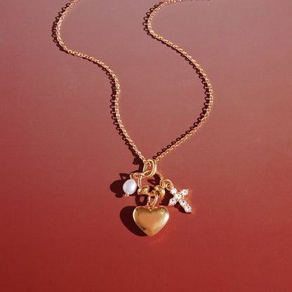 18K Gold Sinfully Yours Heart Cross Pearl Charm Necklace