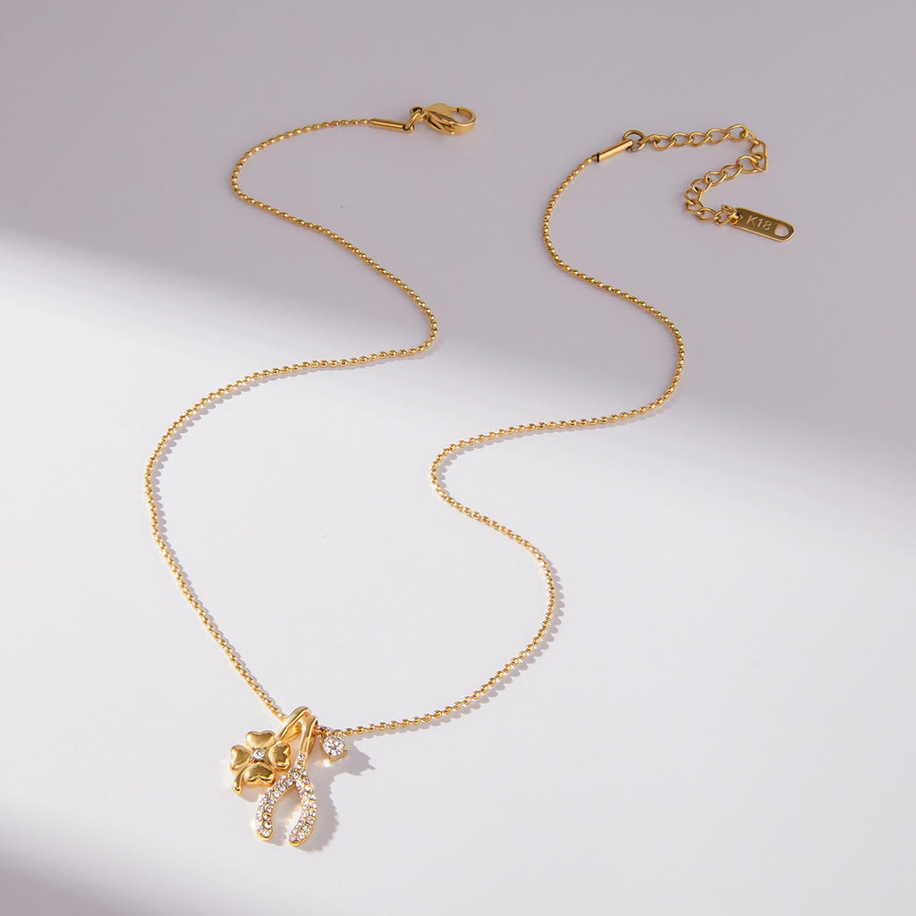 18K Gold Lucky You Clover Wishing Bone Dainty Charm Necklace