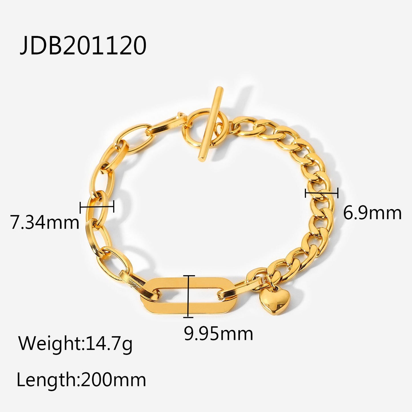 18K Gold Bold Affection Heart Charm Chunky Toggle Chain Bracelet