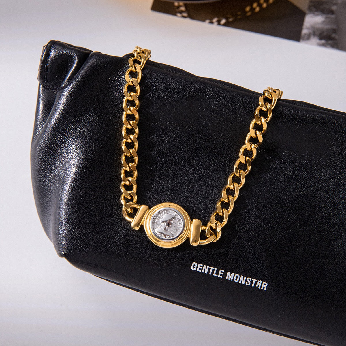 18K Gold and Silver Two Tone Coin Curb Chain Statement Choker Necklace