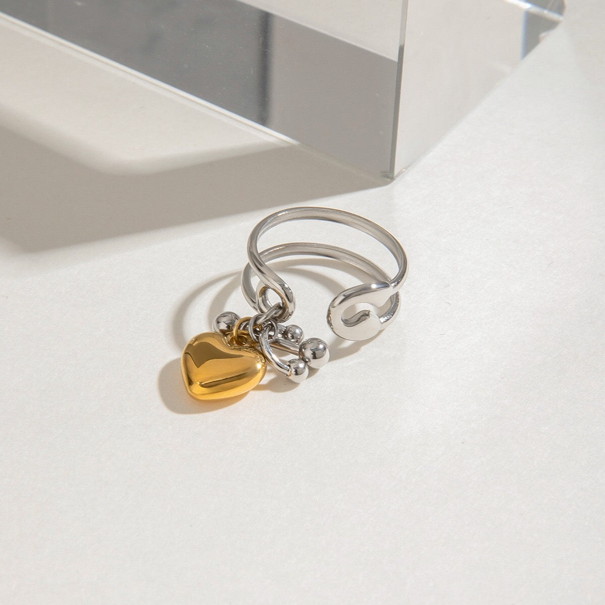 18K Gold and Silver Two Tone Safety Pin Band Heart Charm Ring