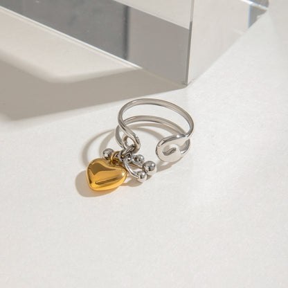 18K Gold and Silver Two Tone Safety Pin Band Heart Charm Ring