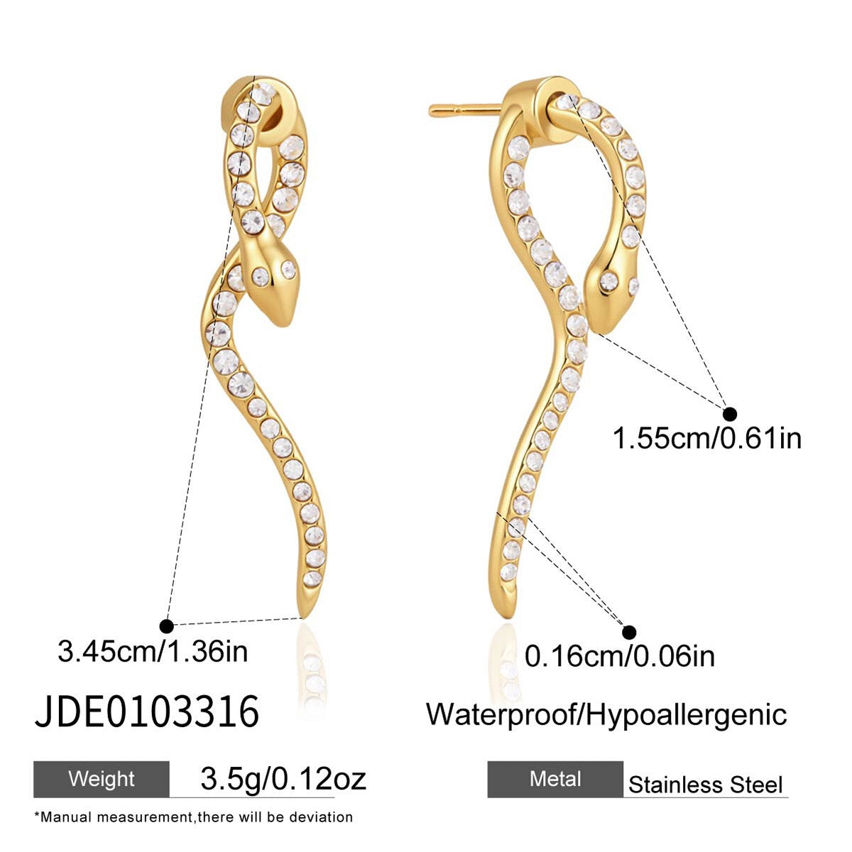 18K Gold Snake Ear Cuff & Stud Earrings Set
