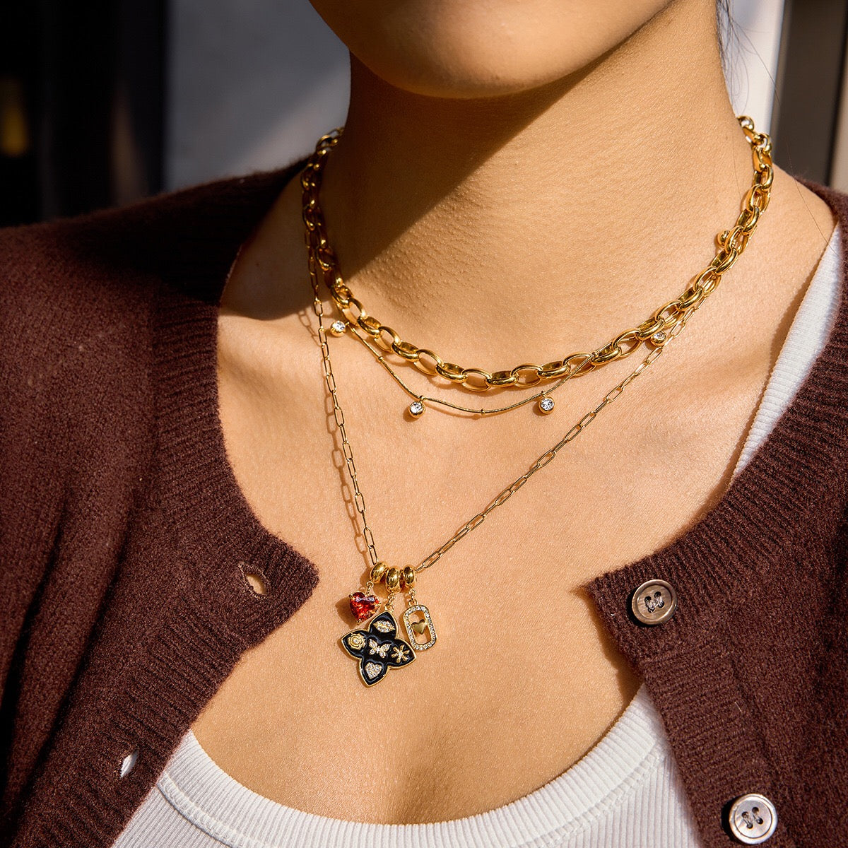 18K Gold Deep Romance Red Heart Pendant Butterfly Flower Charm Necklace