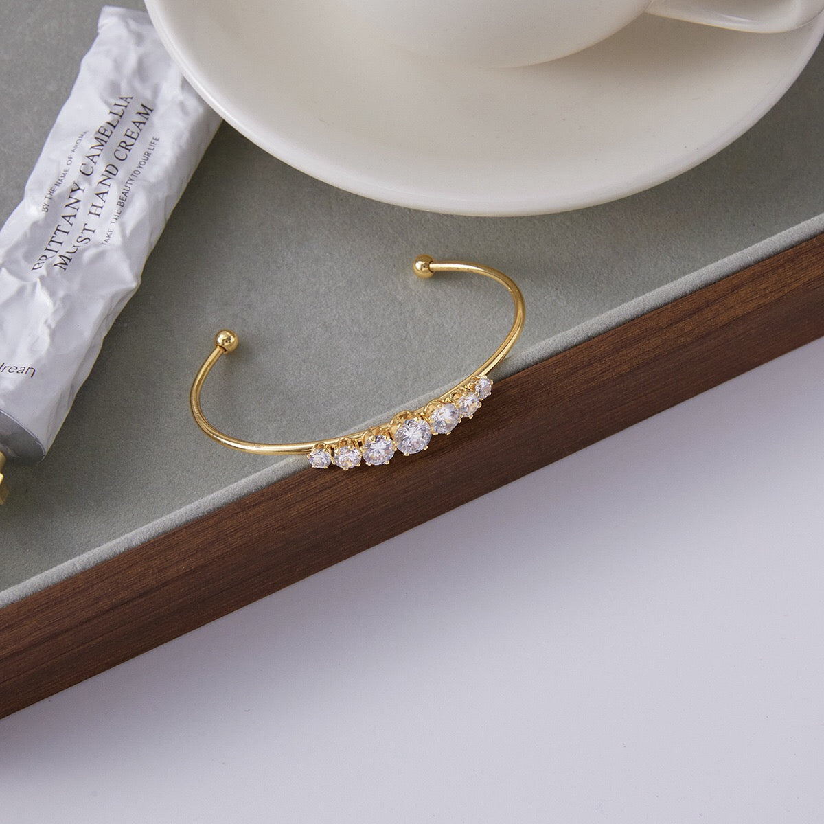 18K Gold Diamond Fever Paperclip Chain Cuff Bangle Tennis Bracelet Stack