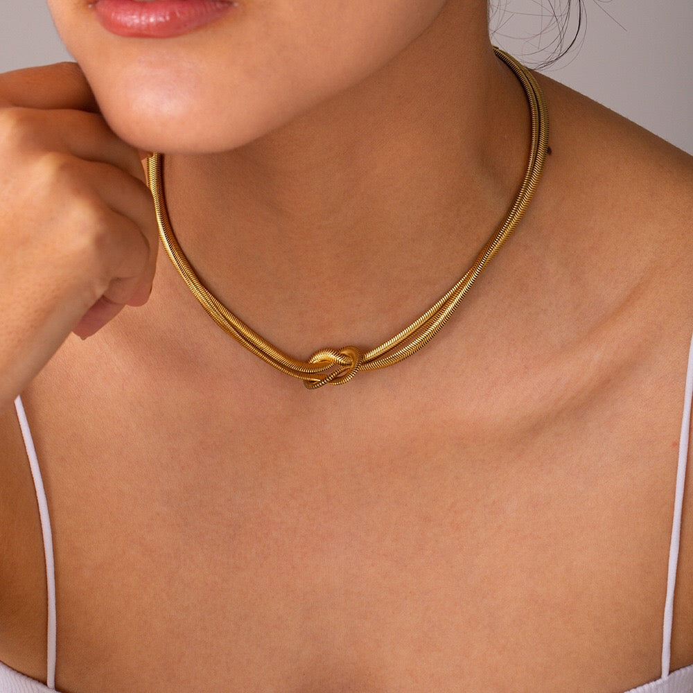 18K Gold Knotted Herringbone Snake Chain Choker Necklace
