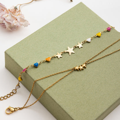 18K Gold Stars Align Dainty Chain Colorful Hearts Bracelet Stack