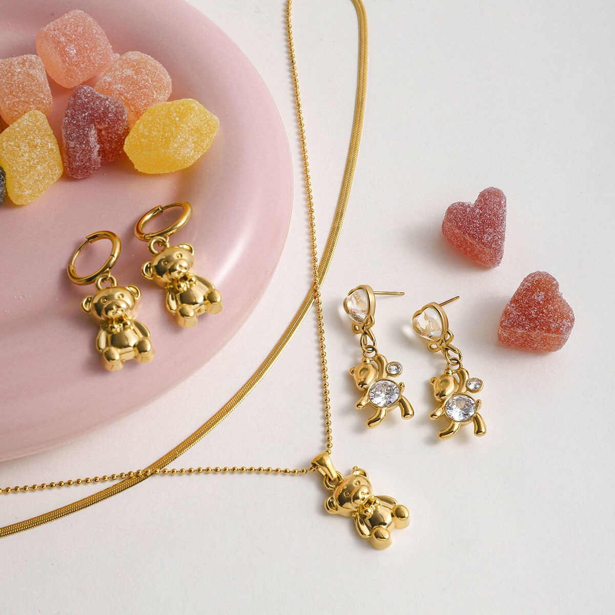18K Gold Cute Gummy Bear Pendant Herringbone Snake Chain Layered Necklace