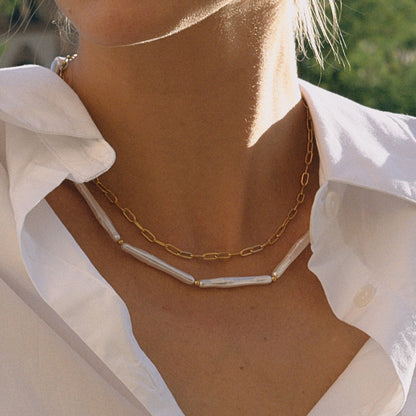 18K Gold Elegance Long Paper Clip Chain Layered Necklace Set