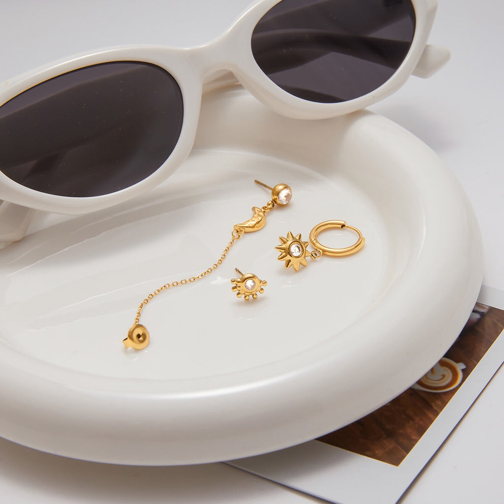 18K Gold Stars and Moon Celestial Huggie Chain Earrings Cartilage Stud Set