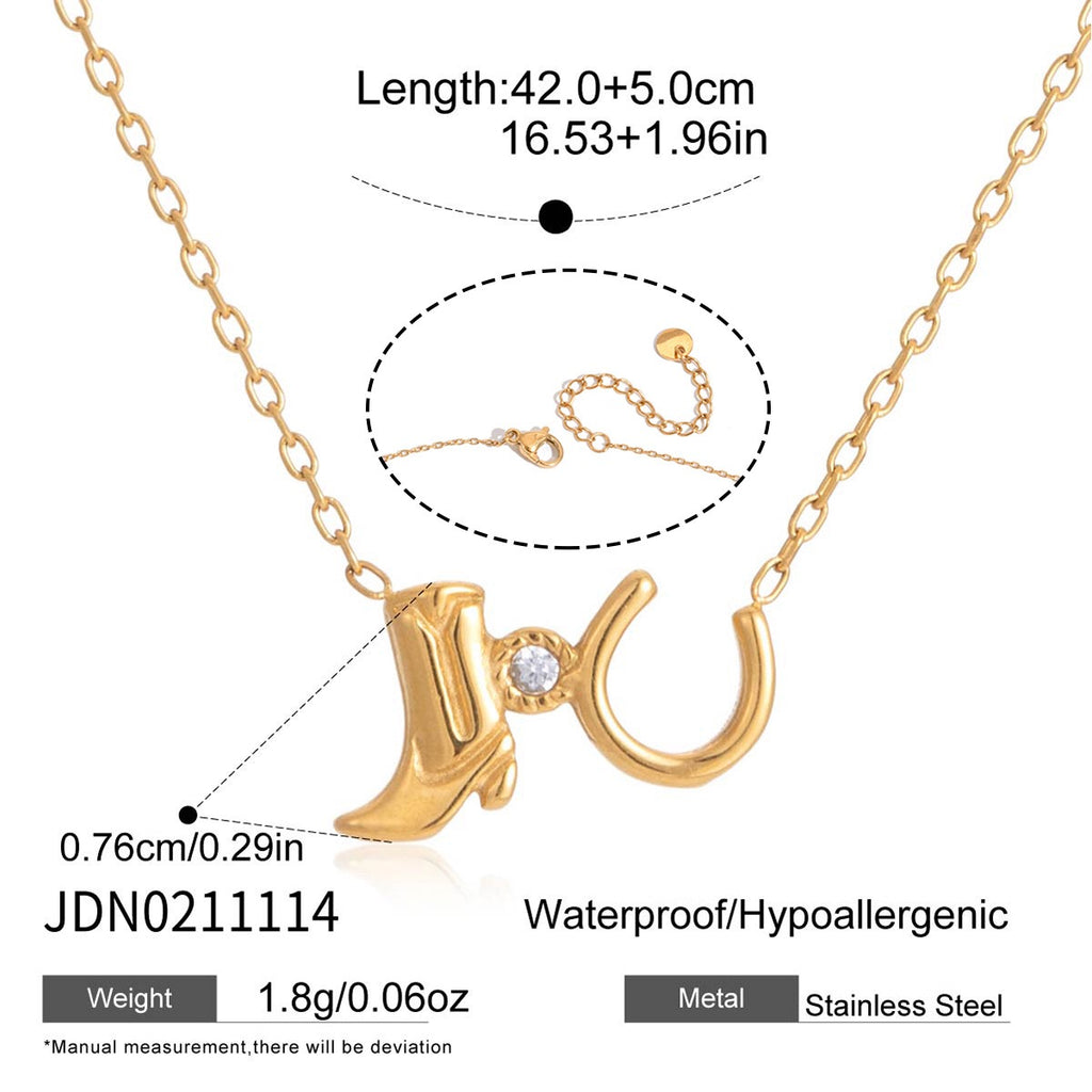 18K Gold Cowgirl Spirit Horseshoe Cowboy Boots Dainty Pendant Necklace