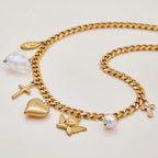 18K Gold Forbidden Cross Pearl Pendant Statement Layered Necklace Set