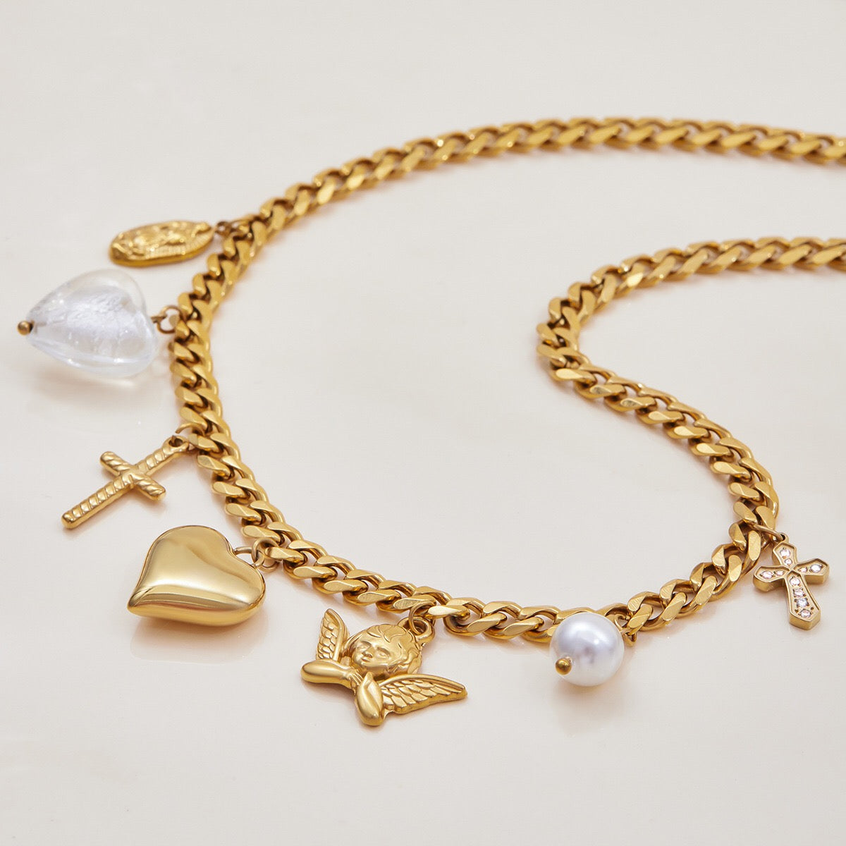 18K Gold Forbidden Cross Pearl Pendant Statement Layered Necklace Set