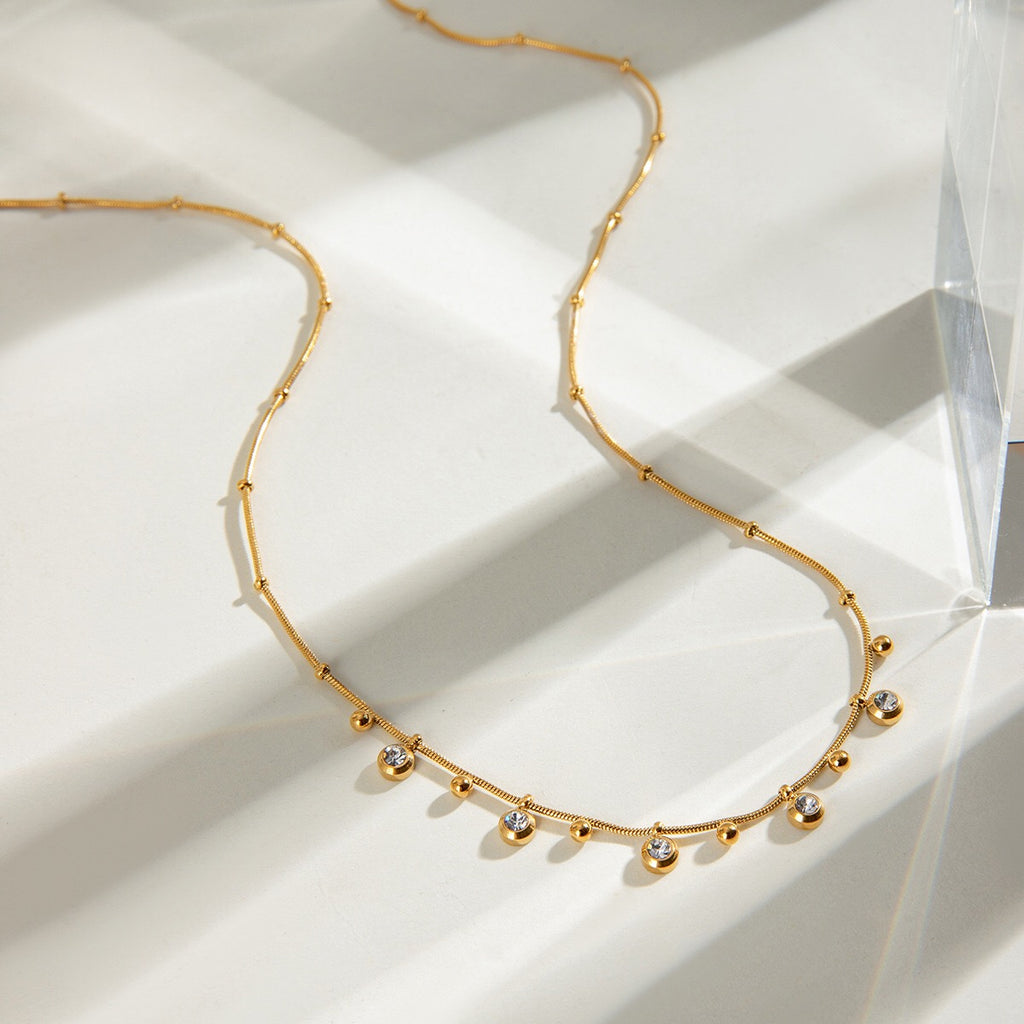 18K Gold CZ Sprinkle Beaded Chain Dainty Necklace