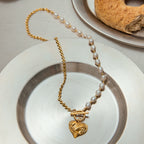 18K Gold Chunky Pearl Beaded Heart Pendant Circle Chain Layered Necklace Set