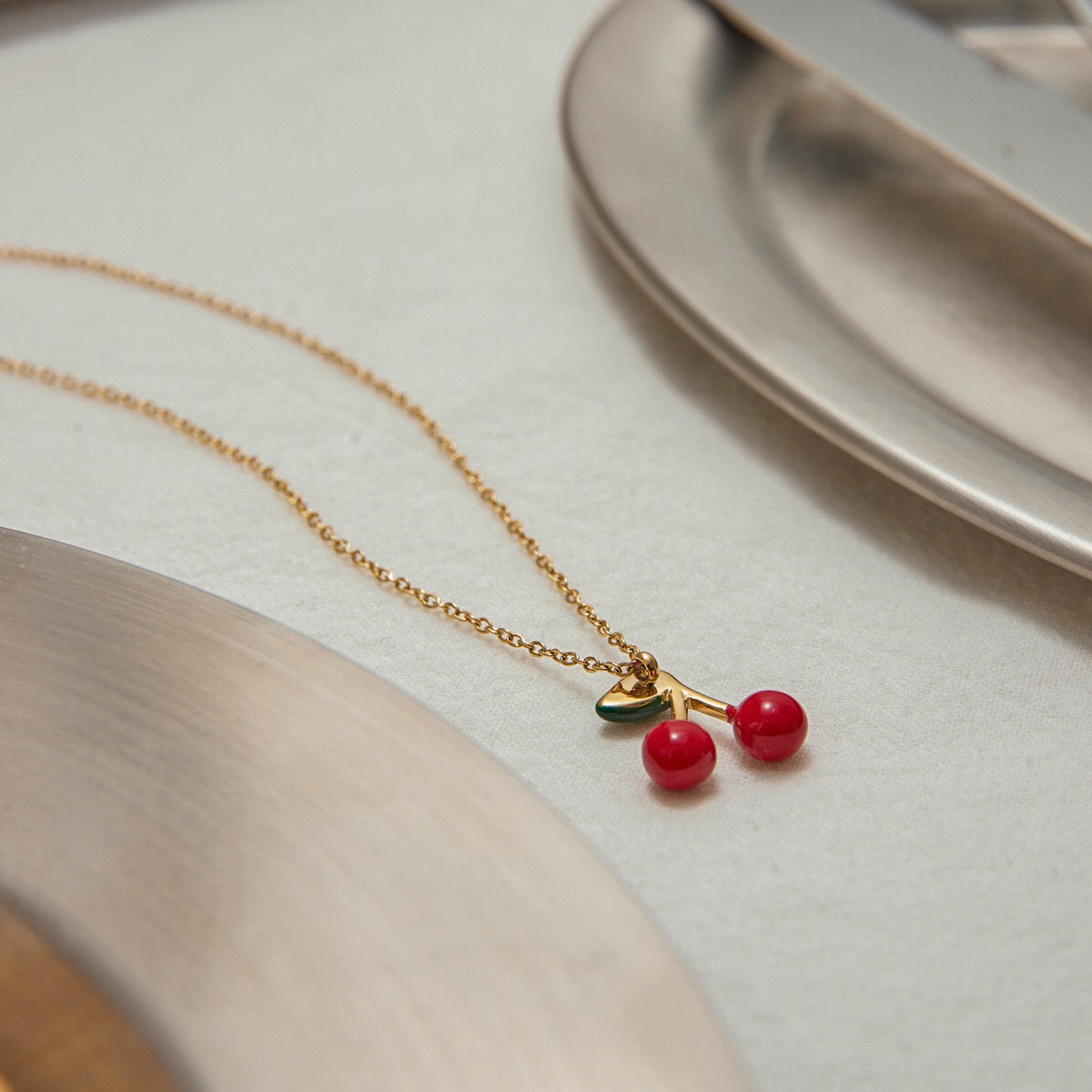 18K Gold Dainty Cherry Pendant Cute Choker Necklace