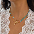 18K Gold Turquoise Beads Bow Pendant Double Chain Layered Necklace Set
