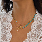 18K Gold Turquoise Beads Bow Pendant Double Chain Layered Necklace Set