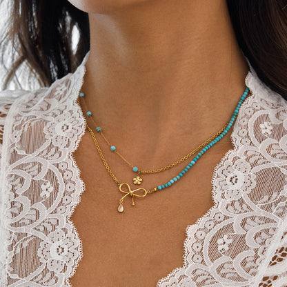 18K Gold Turquoise Beads Bow Pendant Double Chain Layered Necklace Set