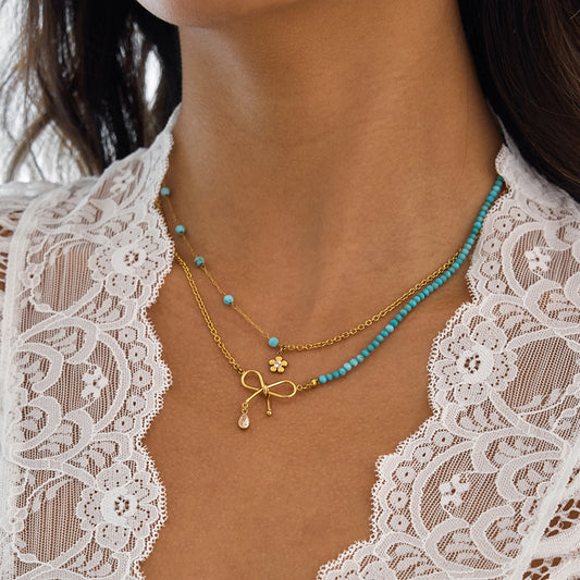 18K Gold Turquoise Beads Bow Pendant Double Chain Layered Necklace Set
