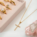 18K Gold Elegant Bling Cross Pendant Necklace
