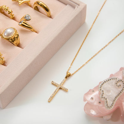 18K Gold Elegant Bling Cross Pendant Necklace