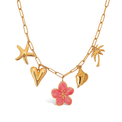 18K Gold Island Sunset Pink Flower Heart Palm Tree Summer Charm Necklace