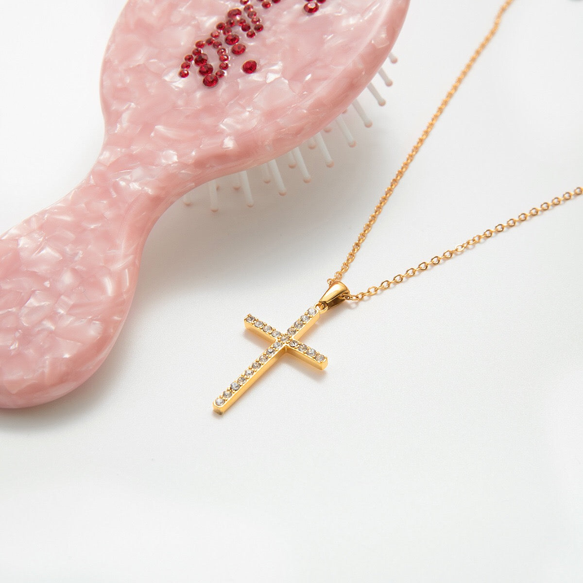 18K Gold Elegant Bling Cross Pendant Necklace