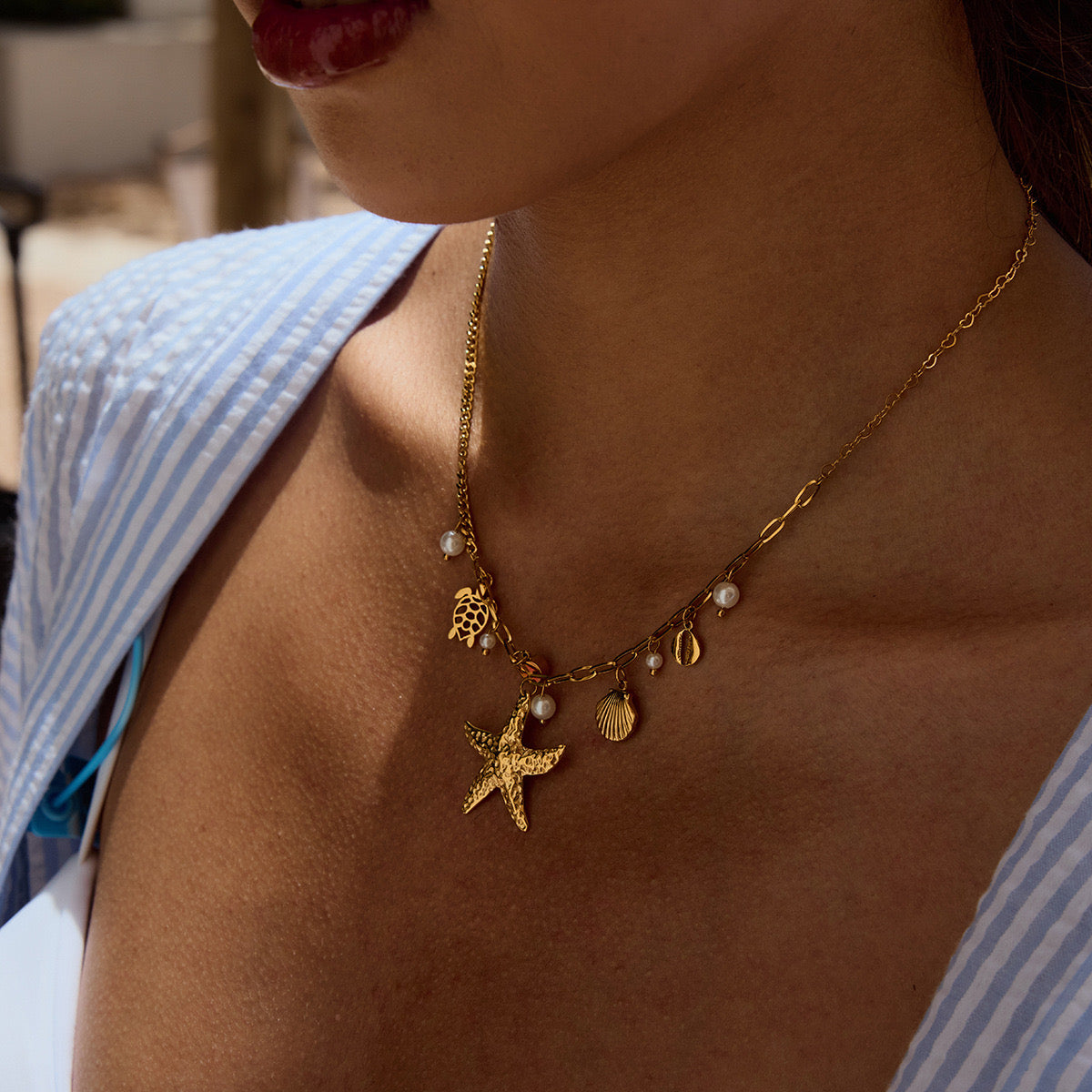 18K Gold Starfish Beach Pearl Beads Charm Necklace