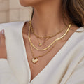 18K Gold Heart Keeper Pendant Paperclip Herringbone Snake Chain Layered Necklace Set