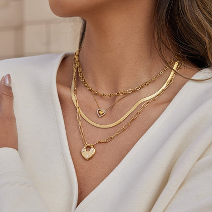 18K Gold Heart Keeper Pendant Paperclip Herringbone Snake Chain Layered Necklace Set