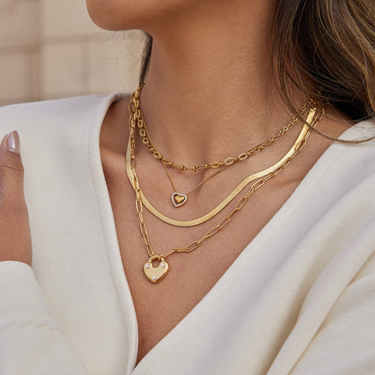 18K Gold Heart Keeper Pendant Paperclip Herringbone Snake Chain Layered Necklace Set