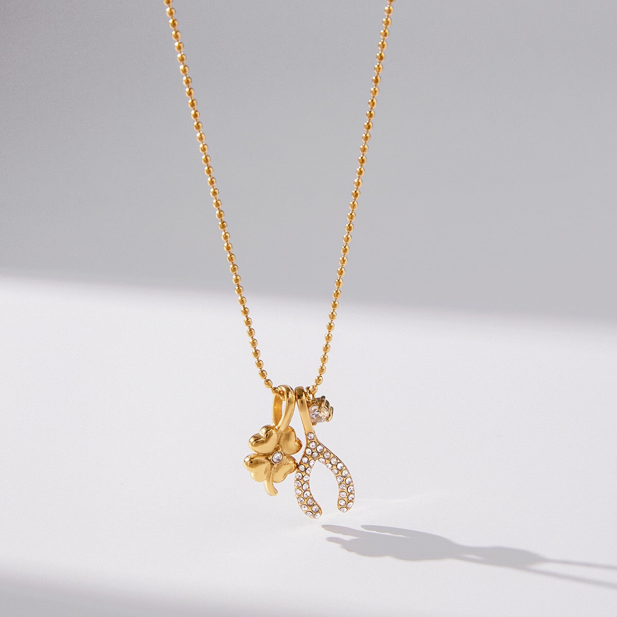 18K Gold Lucky You Clover Wishing Bone Dainty Charm Necklace