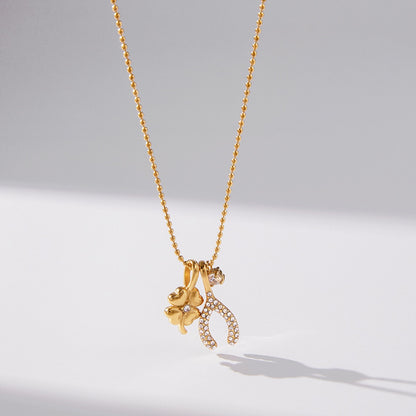 18K Gold Lucky You Clover Wishing Bone Dainty Charm Necklace