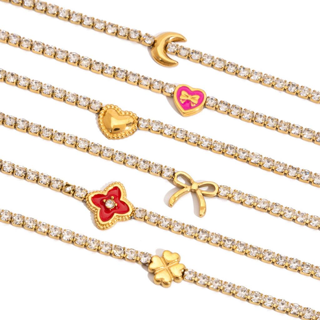 18K Gold Modern Fairytale Heart Bow Moon Clover Tennis Bracelet