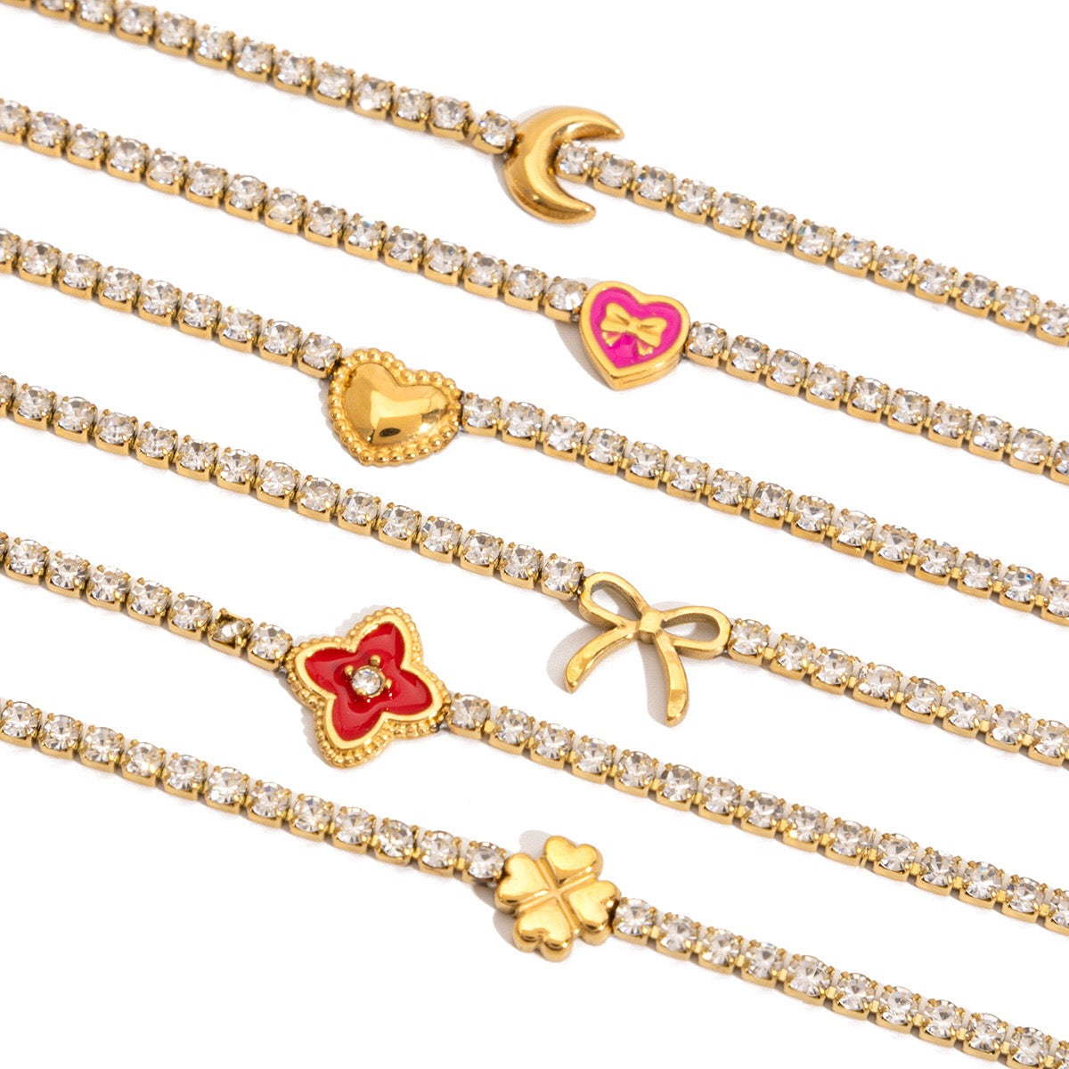 18K Gold Modern Fairytale Heart Bow Moon Clover Tennis Bracelet