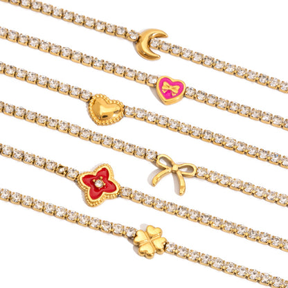 18K Gold Modern Fairytale Heart Bow Moon Clover Tennis Bracelet