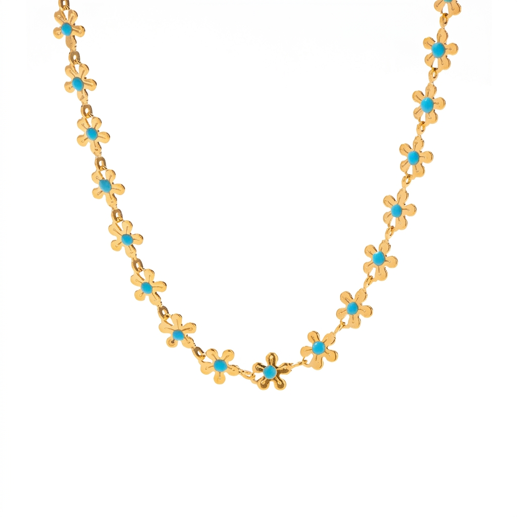 18K Gold Blue Flower Chain Necklace & Bracelet Set