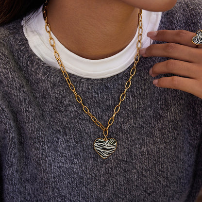 18K Gold Zebra Print Heart Pedant Paper Clip Chain Beaded Pearl Layered Necklace Set