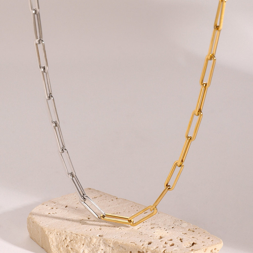 18K Gold Two Tone Paperclip Silver Chain Collar Necklace