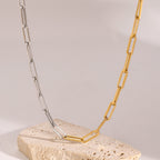 18K Gold Two Tone Paperclip Silver Chain Collar Necklace