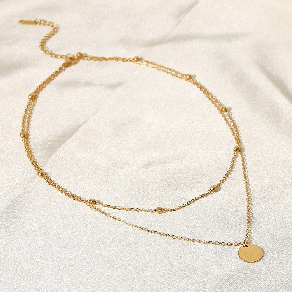 18K Gold Delicate Disc Pendant Beaded Chain Layered Necklace