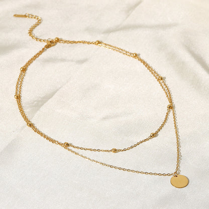 18K Gold Delicate Disc Pendant Beaded Chain Layered Necklace
