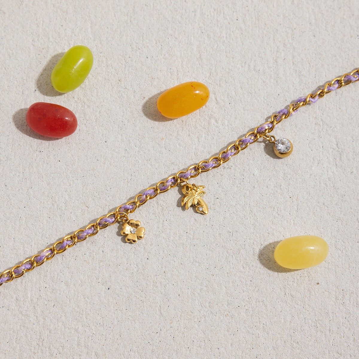18K Gold Palm Tree Charm Purple Chain Wristband Bracelet Stack