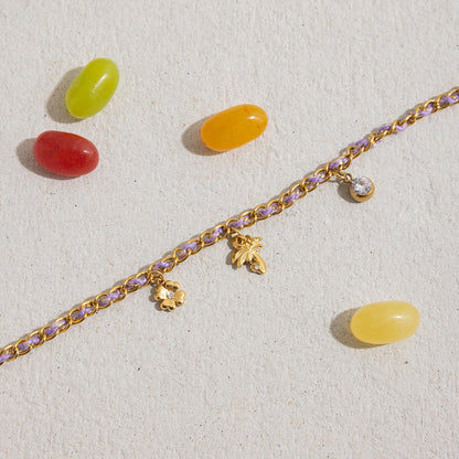 18K Gold Palm Tree Charm Purple Chain Wristband Bracelet Stack