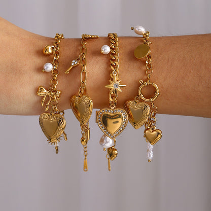 18K Gold Heart Locket Chunky Charm Bracelet