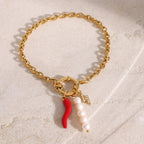 18K Gold Italian Horn Pearl Charm Bracelet