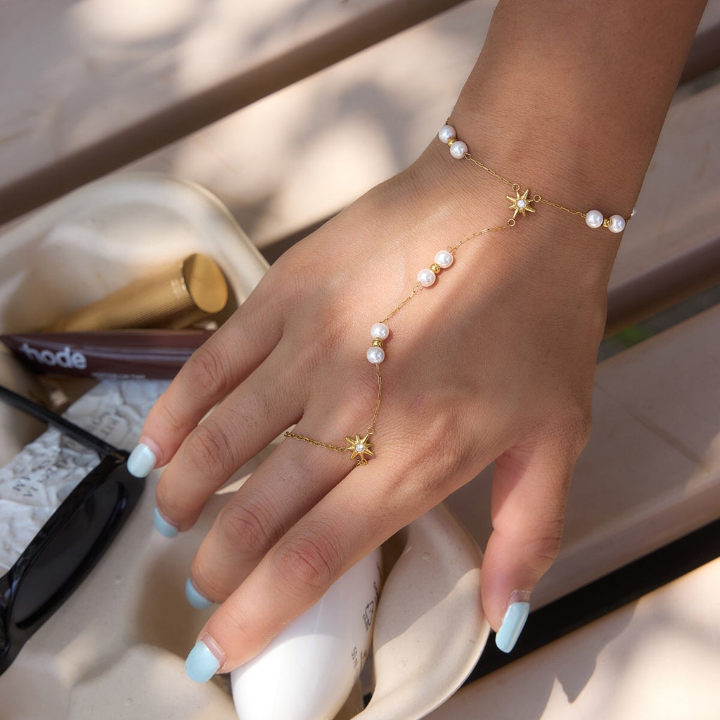 18K Gold Starlit Elegant Pearl Hand Chain Bracelet