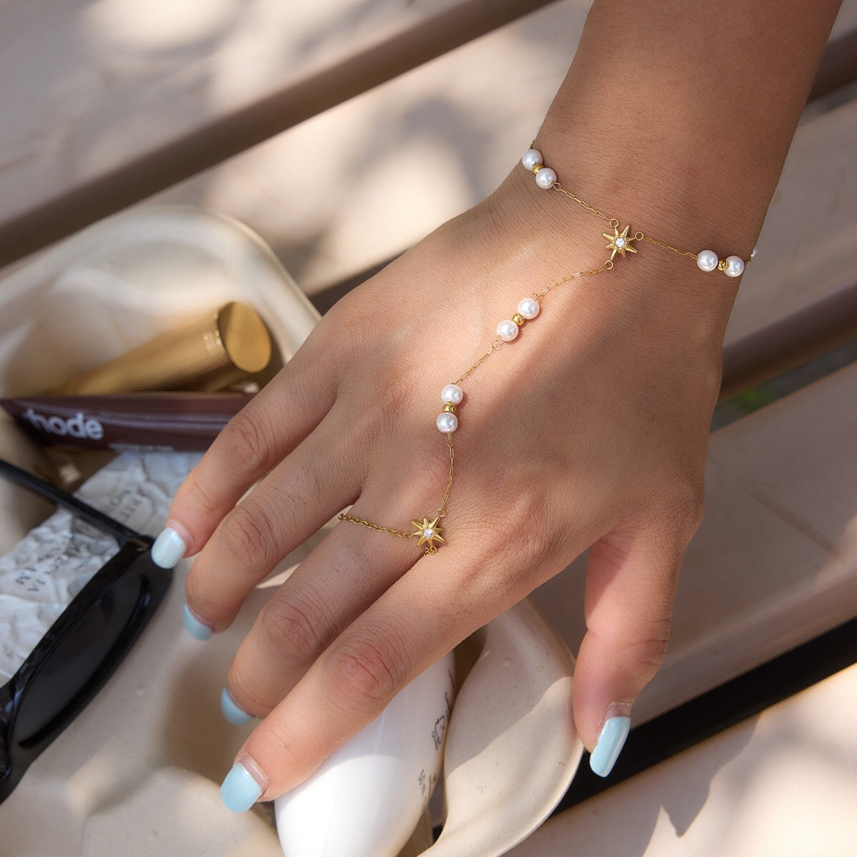 18K Gold Starlit Elegant Pearl Hand Chain Bracelet
